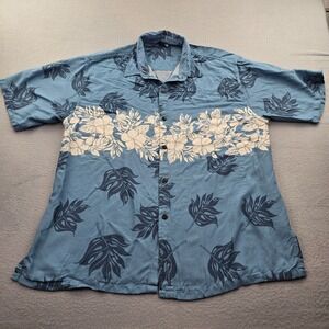 Hibiscus Collection Hawaiian Shirt Mens Large Blue Darker Leaf Motifs Everyday